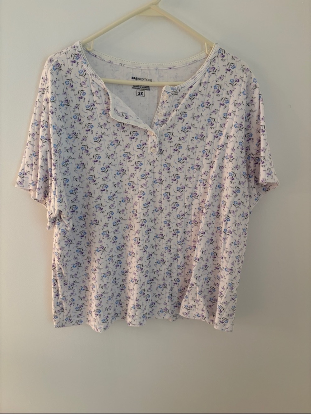 Basic Editions Light Purple Floral Short Sleeve Henley Top
